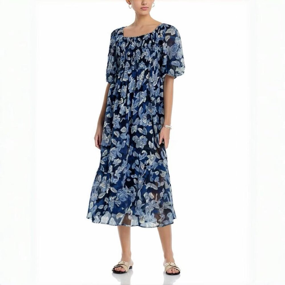 NWOT Johnny Was Aquaria Blue Floral Silk Blend Midi Dress Sundress Size L
